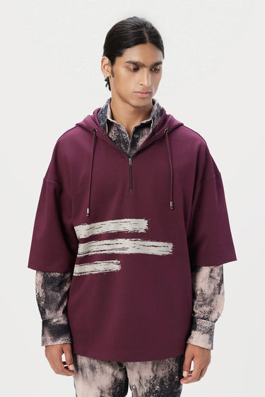 Relaxed Fit Hoodie T-Shirt with Brushed Logo Print Placement- Wine - Genes Lecoanet Hemant