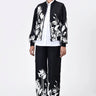 Relaxed Fit Linen Herringbone Bomber Jacket with Tropical Print Black