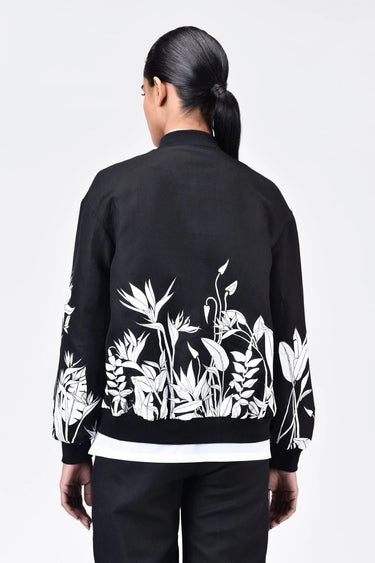 Relaxed Fit Linen Herringbone Bomber Jacket with Tropical Print Black