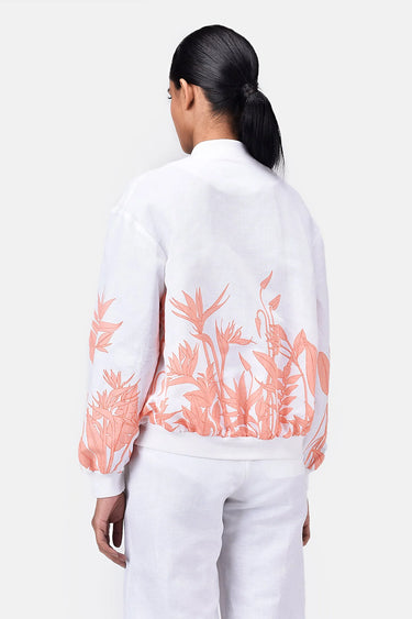 Relaxed Fit Linen Herringbone Bomber Jacket with Tropical Print Off White
