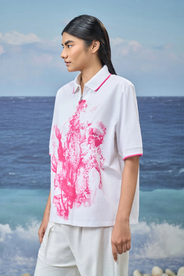 Relaxed Polo Top in Premium Cotton Poplin with Graphic Print