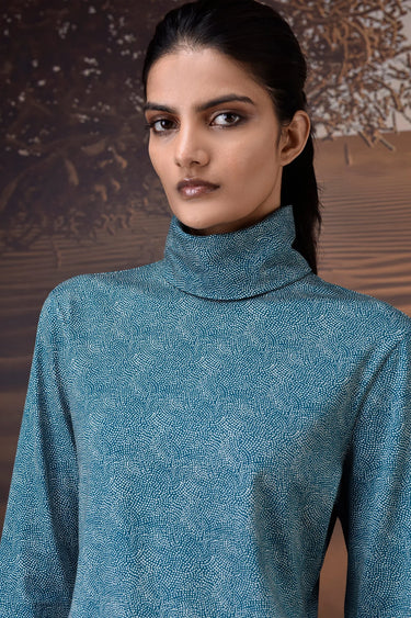 Retro Blue Micro-Dot High Neck Jersey Top - Genes Online Store
