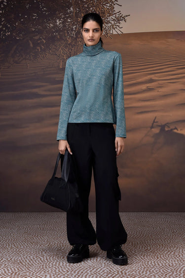 Retro Blue Micro-Dot High Neck Jersey Top - Genes Online Store