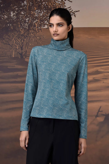 Retro Blue Micro-Dot High Neck Jersey Top - Genes Online Store