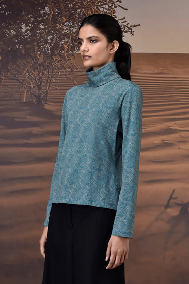 Retro Blue Micro-Dot High Neck Jersey Top - Genes Online Store