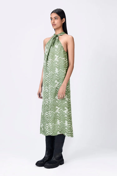 Satin A-Line Halter Neck Draped Dress- Taupe - Genes Lecoanet Hemant