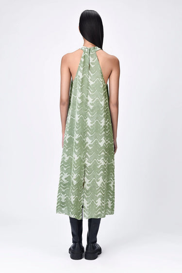 Satin A-Line Halter Neck Draped Dress- Taupe - Genes Lecoanet Hemant