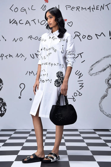 Scribble Text  Relax Fit Shirt Dress- White - Genes Online Store