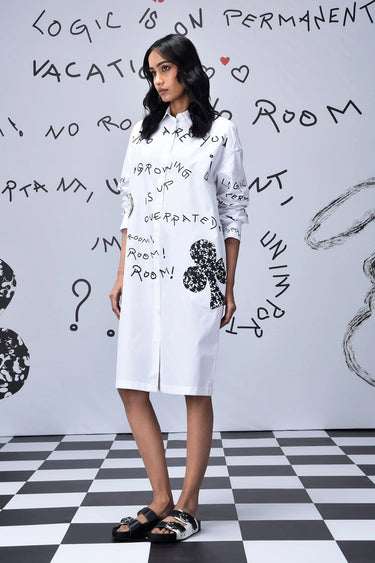 Scribble Text  Relax Fit Shirt Dress- White - Genes Online Store