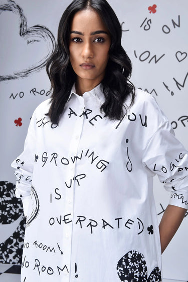 Scribble Text  Relax Fit Shirt Dress- White - Genes Online Store