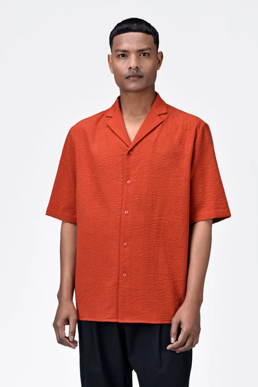 Seersucker Easy Fit Men's Half Sleeve Shirt-Coral Orange - Genes Lecoanet Hemant