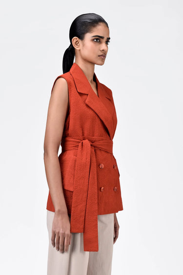 Seersucker Sleeveless Jacket With Tie-Up Waist-Coral Orange - Genes Lecoanet Hemant