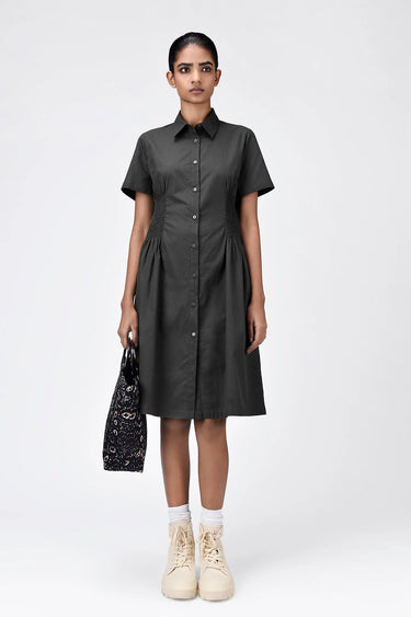 Semi-Fit Shirt Dress with Back Cutout - Black - Genes Lecoanet Hemant