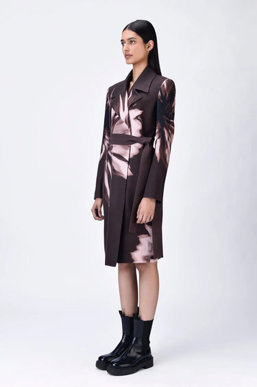 Semi-Fitted Linen Herringbone Coat with UV Flower Print - Genes Lecoanet Hemant