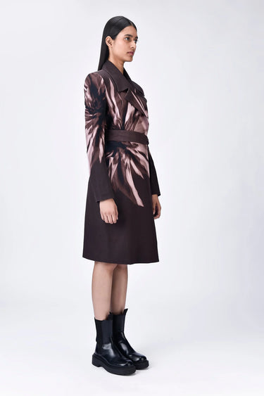 Semi-Fitted Linen Herringbone Coat with UV Flower Print - Genes Lecoanet Hemant