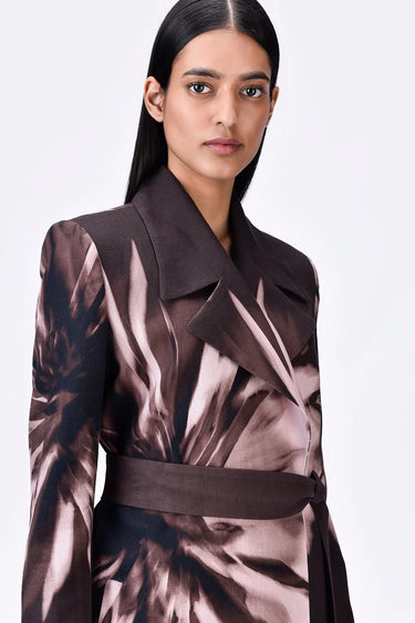 Semi-Fitted Linen Herringbone Coat with UV Flower Print - Genes Lecoanet Hemant