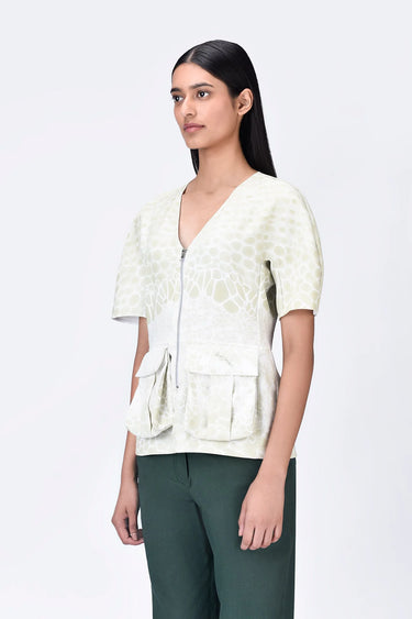 Semi-Fitted V-Neck Top with Pleated Pockets & Microcell Print - Genes Lecoanet Hemant