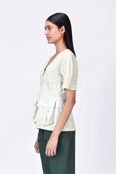 Semi-Fitted V-Neck Top with Pleated Pockets & Microcell Print - Genes Lecoanet Hemant