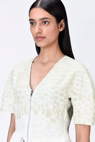 Semi-Fitted V-Neck Top with Pleated Pockets & Microcell Print - Genes Lecoanet Hemant
