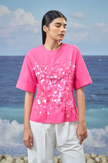 Sequin-Embroidered Elbow-Sleeve Top in Cotton Poplin – Barbie Pink - Product Image