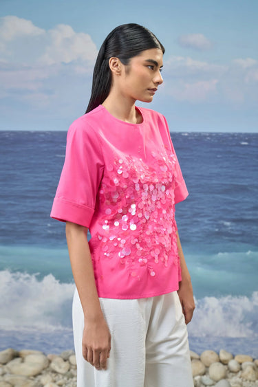 Sequin-Embroidered Elbow-Sleeve Top in Cotton Poplin – Barbie Pink - Product Image