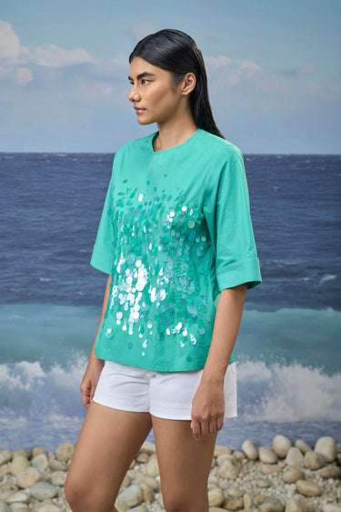 Sequin-Embroidered Elbow-Sleeve Top in Cotton Poplin – Persian Green