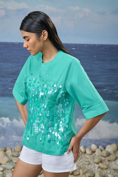 Sequin-Embroidered Elbow-Sleeve Top in Cotton Poplin – Persian Green