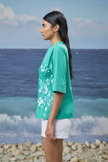 Sequin-Embroidered Elbow-Sleeve Top in Cotton Poplin – Persian Green