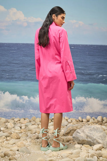 Barbie pink shirt dress for women with button-down front and pointed collar