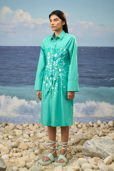 Persian green cotton poplin dress for women showing breathable crisp fabric texture