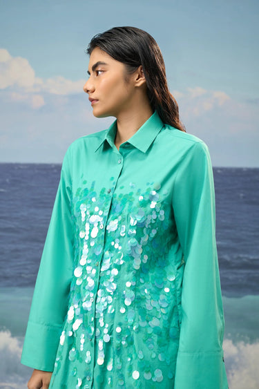 Persian green cotton poplin dress for women styled for festive wear
