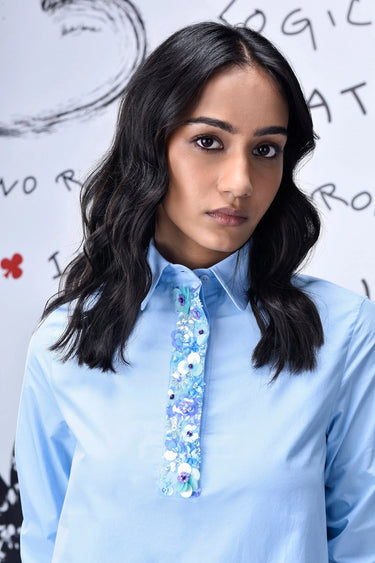 Sequin Placket Relax Fit Dress- Light Blue - Genes Online Store