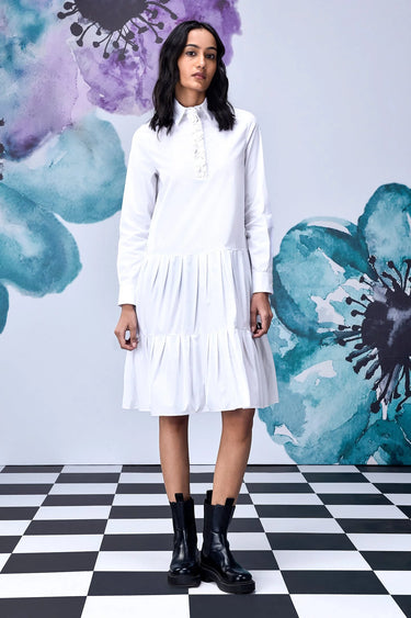 Sequin Placket Relax Fit Dress- White - Genes Online Store