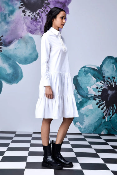 Sequin Placket Relax Fit Dress- White - Genes Online Store
