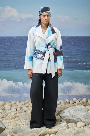 Premium viscose nylon jacket for women with abstract print design