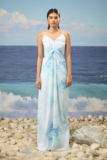 Sleeveless Dress in Premium Cotton Poplin with Watercolour Print