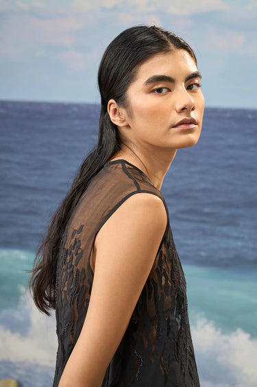 Sleeveless Embroidered Dress in Premium Cotton Poplin & Organza – Black