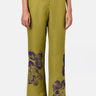 Slim Fit Boot Cut Linen Herringbone Trouser with Orchid Print Bright olive