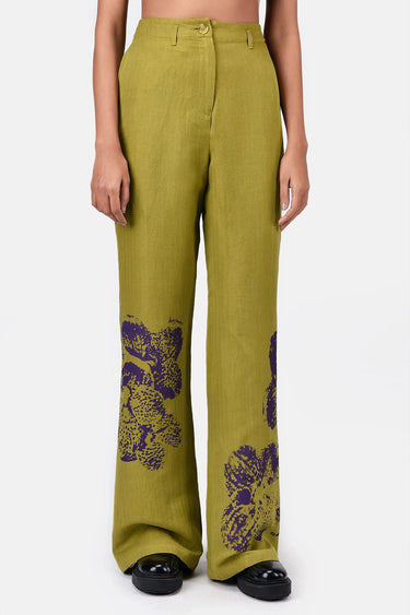 Slim Fit Boot Cut Linen Herringbone Trouser with Orchid Print Bright olive