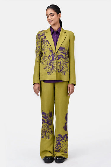 Slim Fit Boot Cut Linen Herringbone Trouser with Orchid Print Bright olive