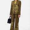 Slim Fit Boot Cut Linen Herringbone Trouser with Orchid Print Khaki