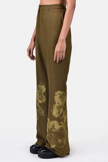 Slim Fit Boot Cut Linen Herringbone Trouser with Orchid Print Khaki