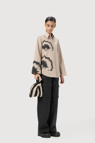 Slim Fit Button Down Shirt With Bell Sleeves And Gingko Print - Genes Lecoanet Hemant