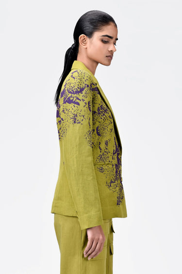 Slim Fit Linen Herringbone Jacket with Orchid Print Bright Olive