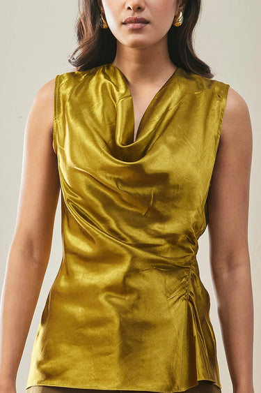 Slim Fit Sleeveless Top with Gather Detail-Bright Olive - Genes Lecoanet Hemant