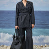 Black cotton linen jacket for women with smocked detailing