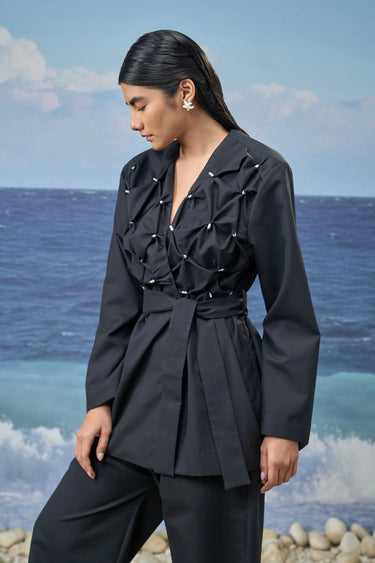 Black jacket for women with smocked design and V-neck detail