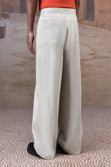 Soft Fern Green Cotton Twill Wide-Leg Trouser - Genes Online Store