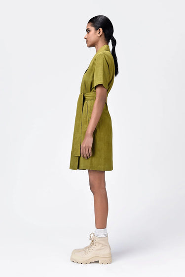 Straight Fit Dress With Tie-Up Waist-Bright Olive - Genes Lecoanet Hemant