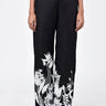 Straight Fit Linen Herringbone Trousers with Tropical Print Black